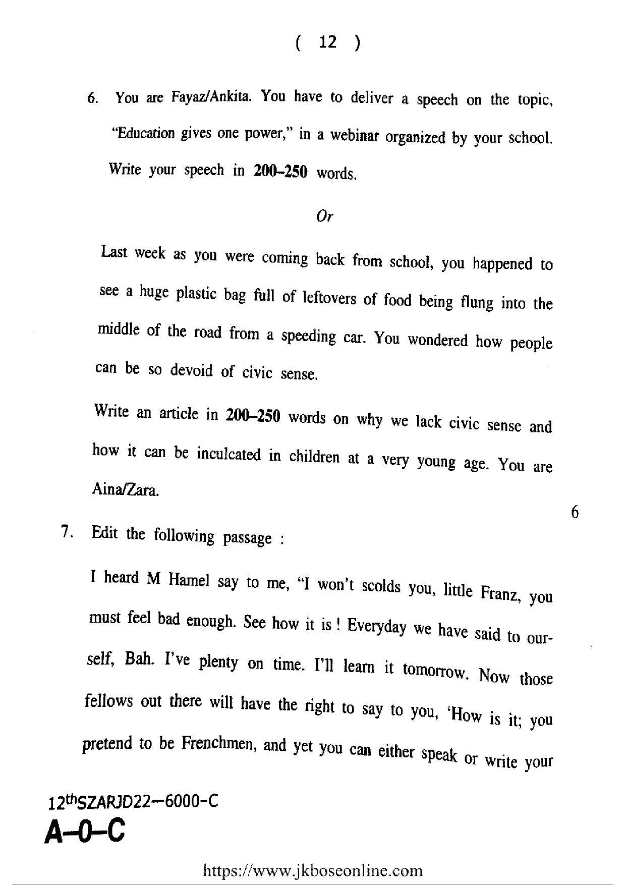 JKBOSE Class 12 English 6000-C Question Papers 2022 - Page 12