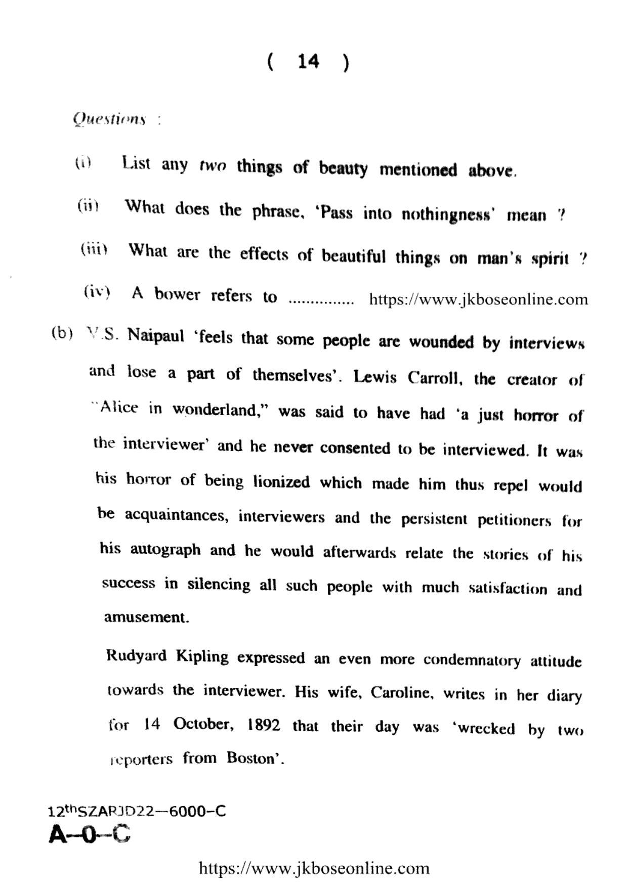 JKBOSE Class 12 English 6000-C Question Papers 2022 - Page 14