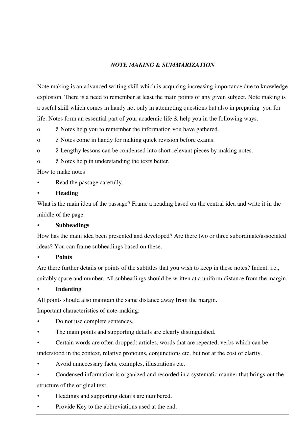 CBSE Worksheets for Class 11 English Note Making and Summarization Assignment - Page 1