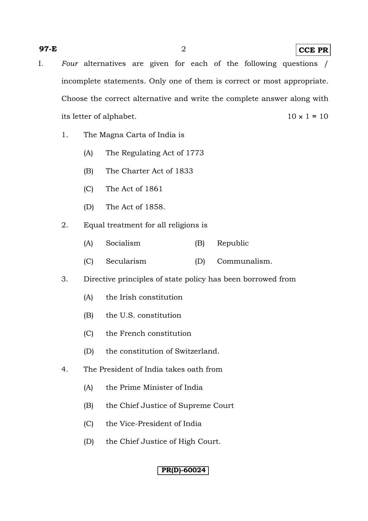 Karnataka SSLC POLITICAL SCIENCE - ENGLISH (97-E (PR) (Revised Un-Revised)_sp9) (Supplementary) June 2018 Question Paper - Page 2