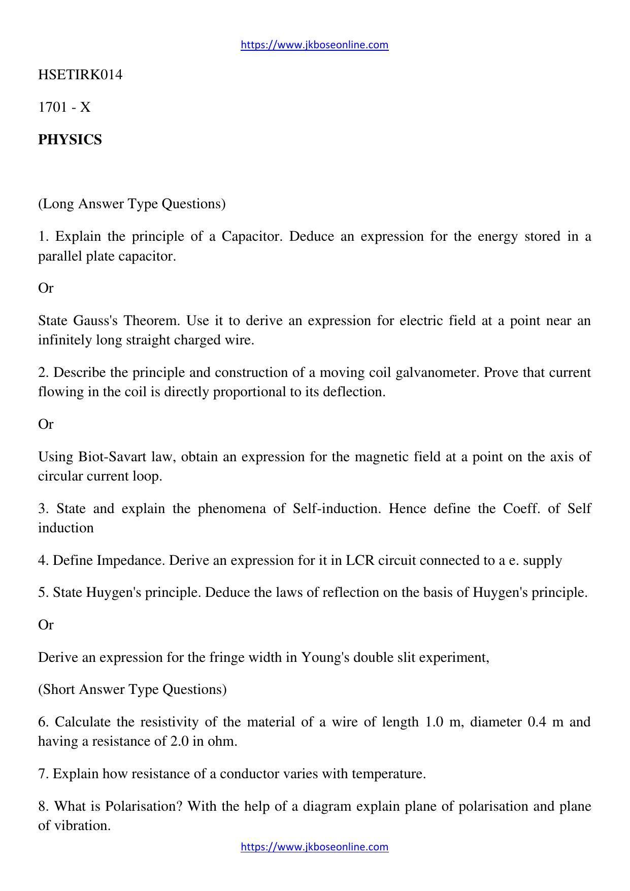 JKBOSE Class 12 Physics Question Papers 2014 (1701-X) - Page 1