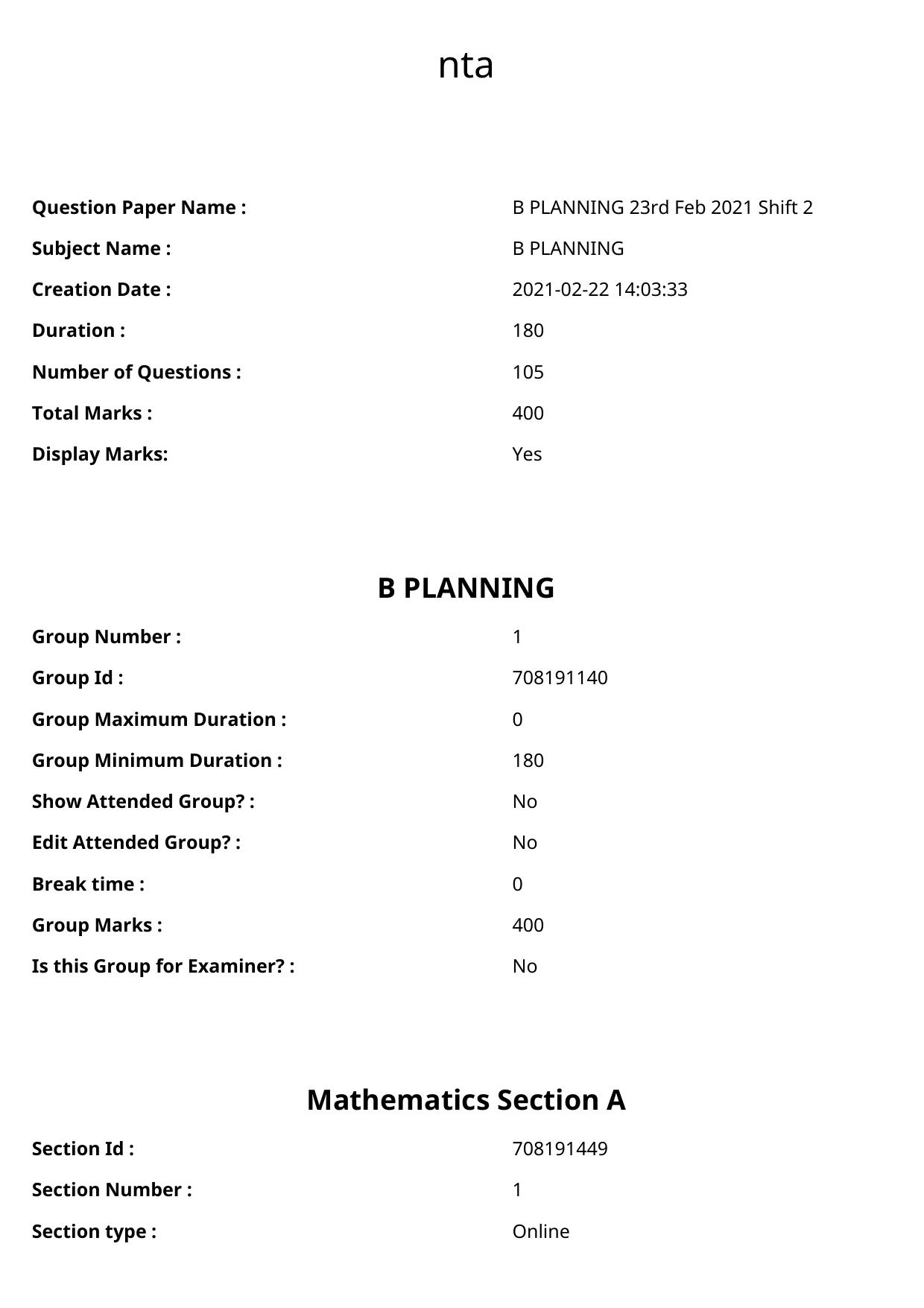 JEE Mains 2021: B Planning English (Shift 2) 23-02-2021 Question Paper - Page 1