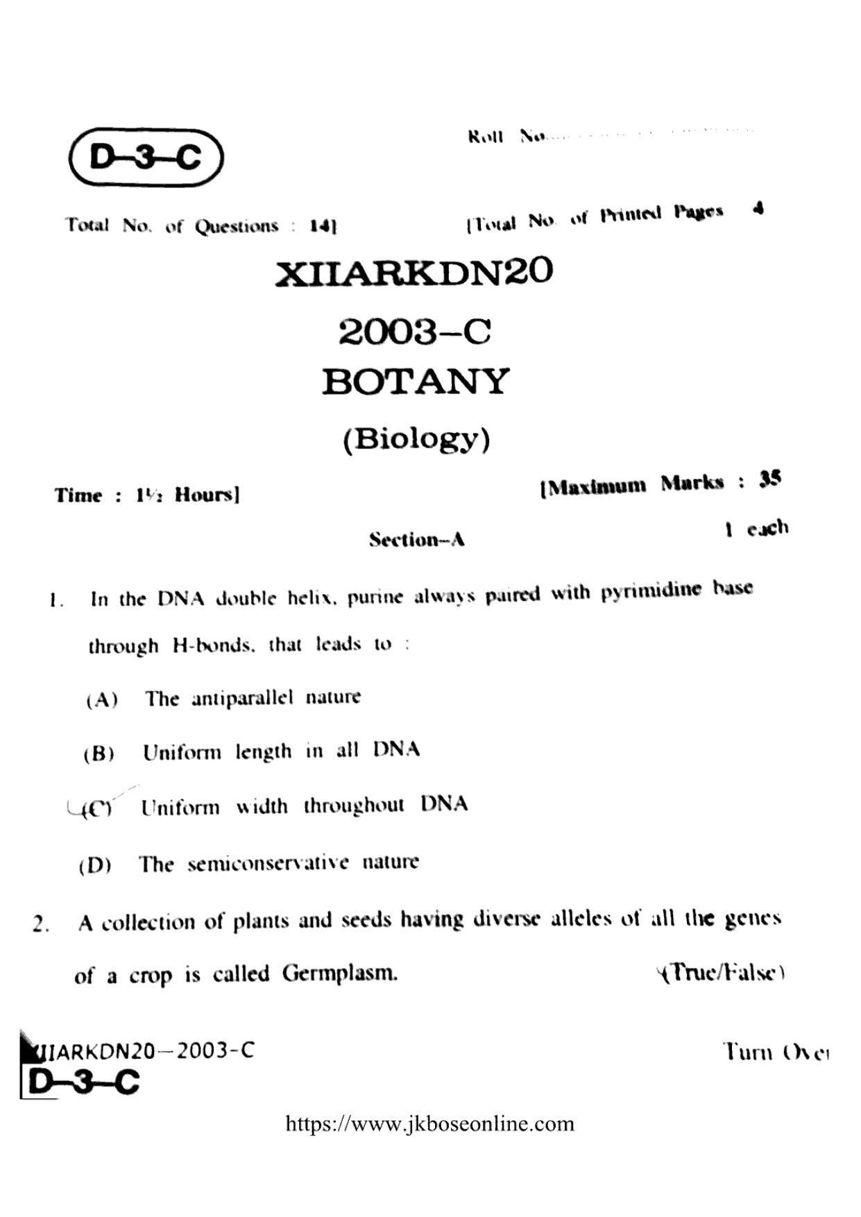 JKBOSE Class 12 Biology-Botany 2003-C Question Papers 2020 - Page 1