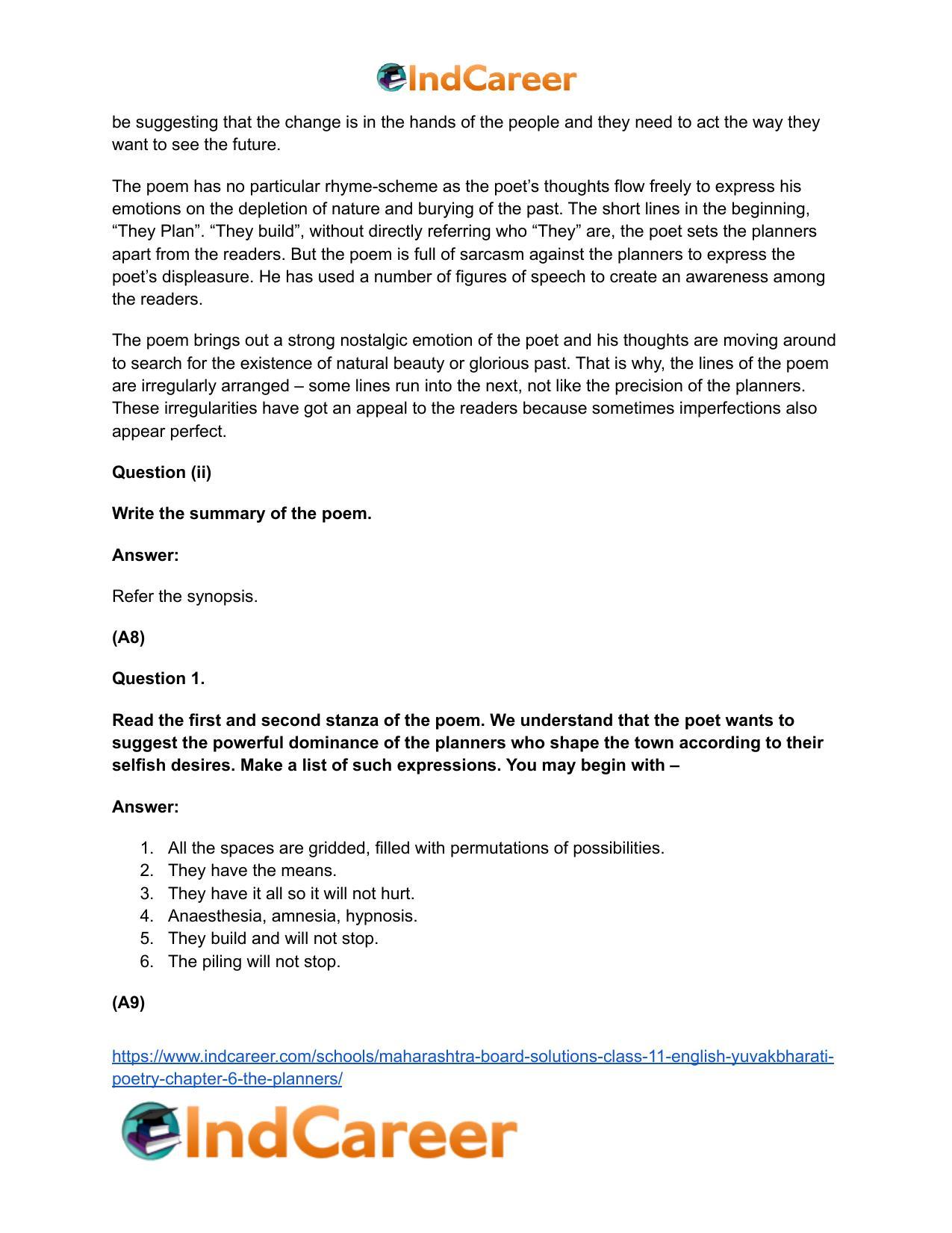 Maharashtra Board Solutions Class 11-English Yuvakbharati (Poetry): Chapter 6- The Planners - Page 10