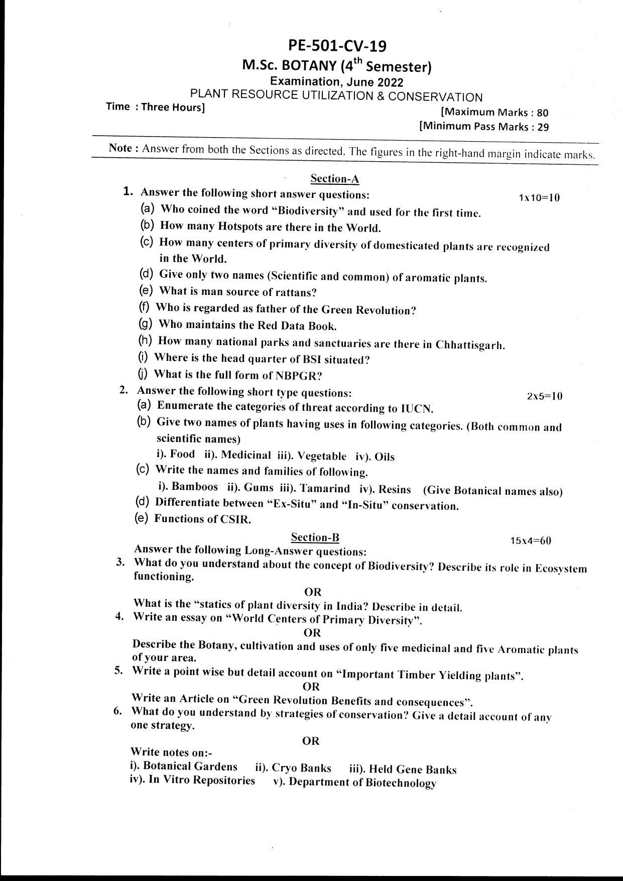 Bilaspur University Question Paper June 2022:M.Sc. Botany (Fourth Semester) Plant Resource Utilization And Conservation Paper 1 - Page 1
