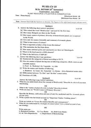 Bilaspur University Question Paper June 2022:M.Sc. Botany (Fourth Semester) Plant Resource Utilization And Conservation Paper 1