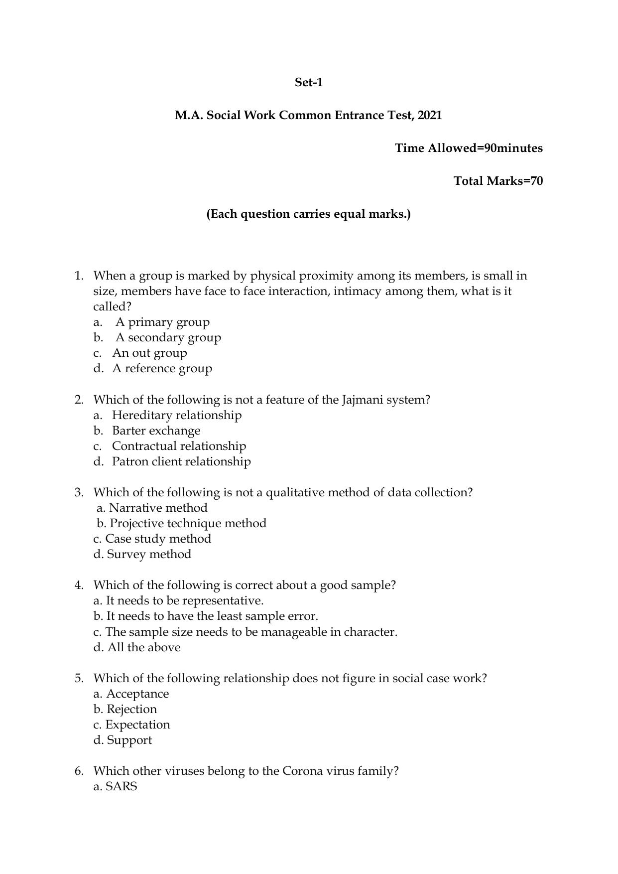 Odisha CPET 2021 SOCIAL WORK Question Paper - Page 1