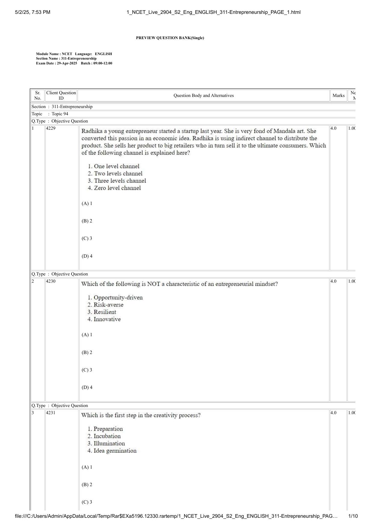 NCET 2025 Question Paper - Entrepreneurship - Page 1