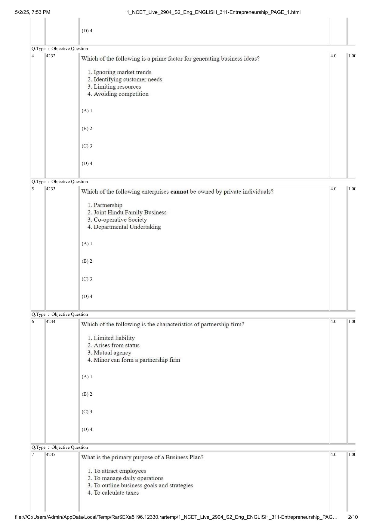 NCET 2025 Question Paper - Entrepreneurship - Page 2