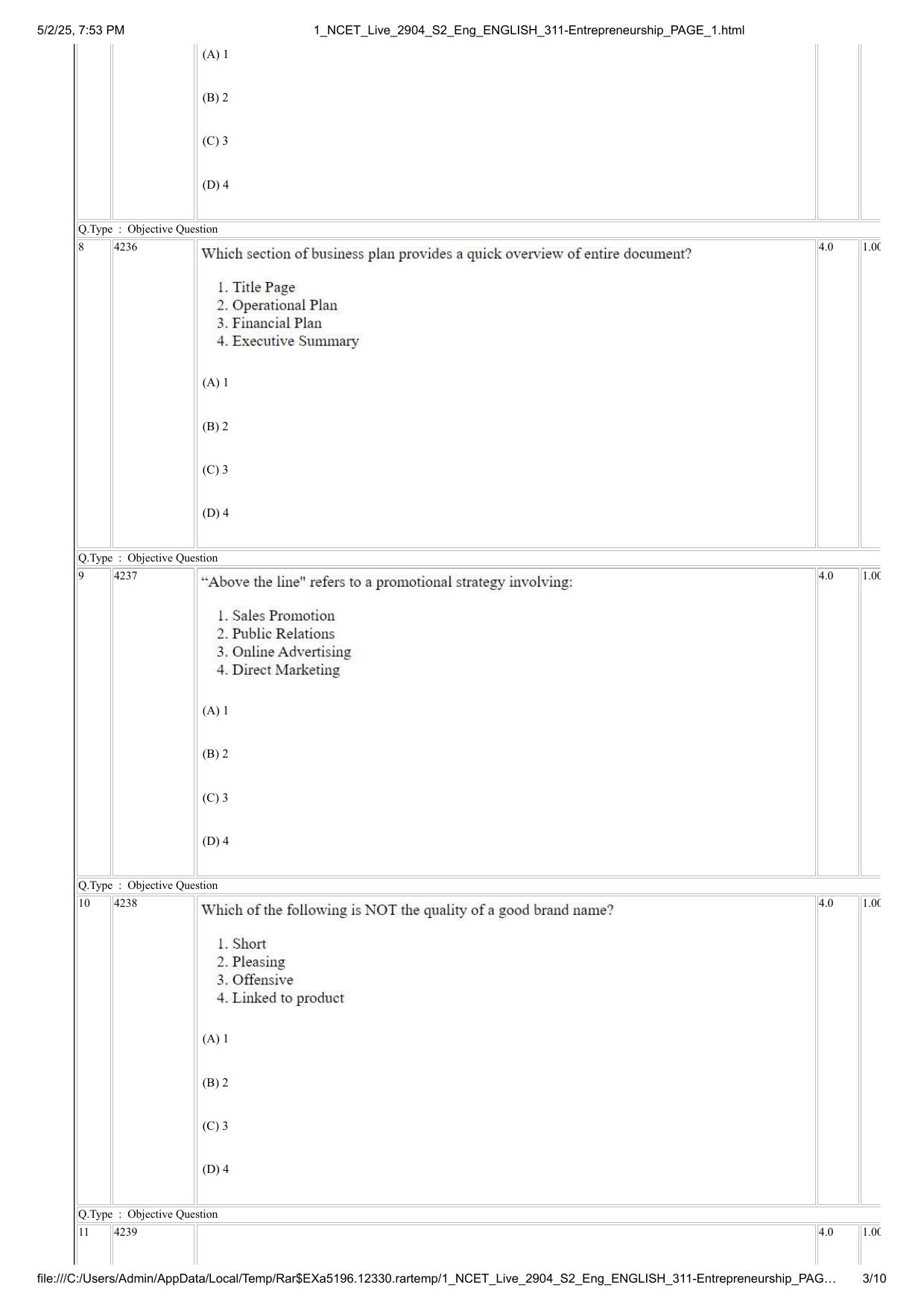 NCET 2025 Question Paper - Entrepreneurship - Page 3