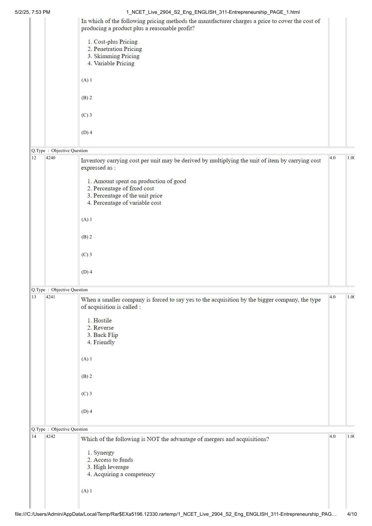NCET 2025 Question Paper - Entrepreneurship - Page 4