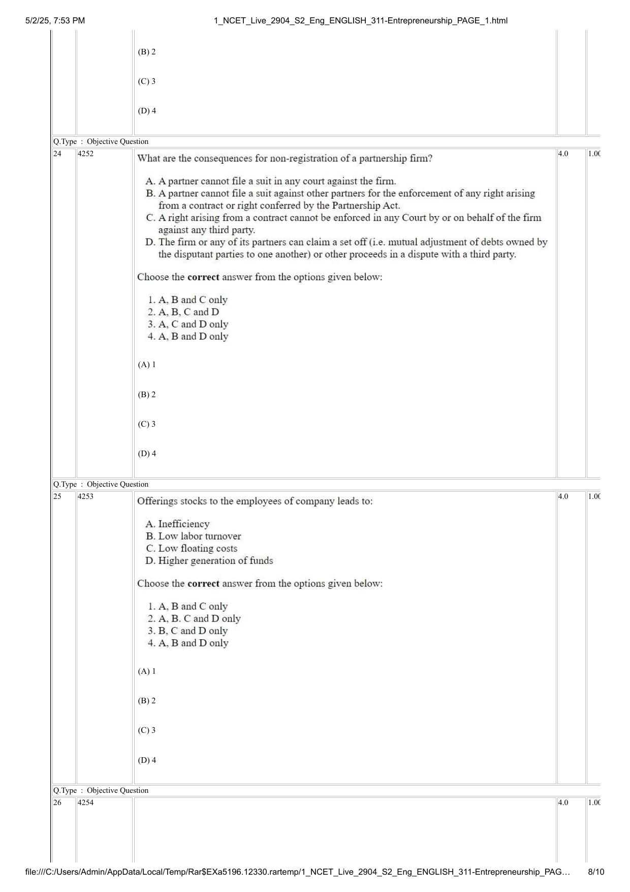 NCET 2025 Question Paper - Entrepreneurship - Page 8