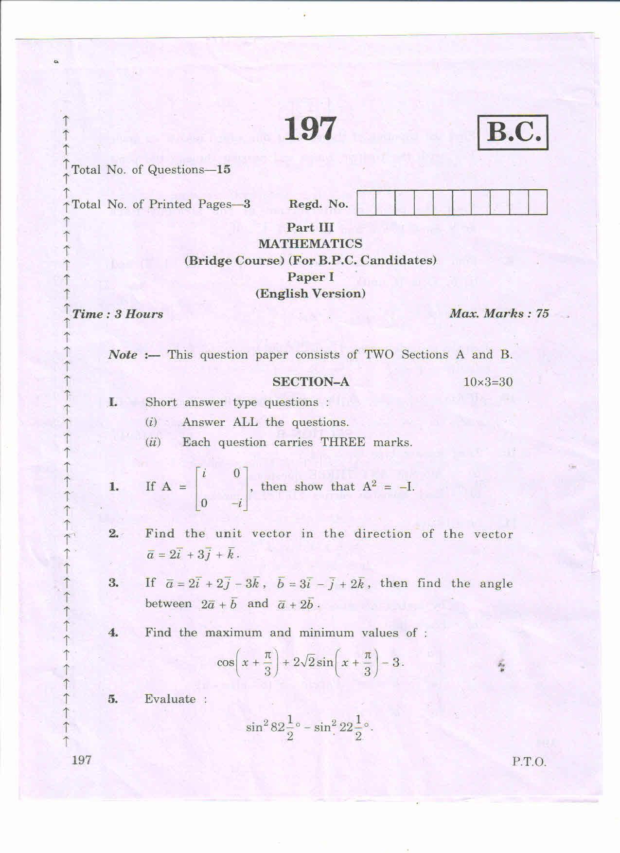 AP 2nd Year General Question Paper March - 2020 - BRIDGE COURSE MATHS I (EM) - Page 1