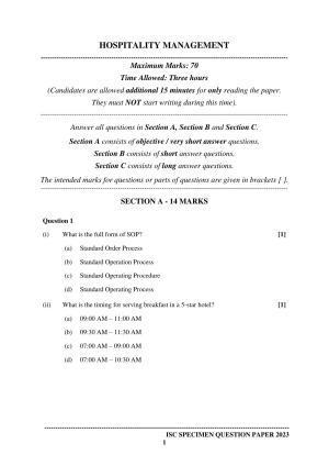 ISC Class 12 Hospitality Management Sample Paper 2023