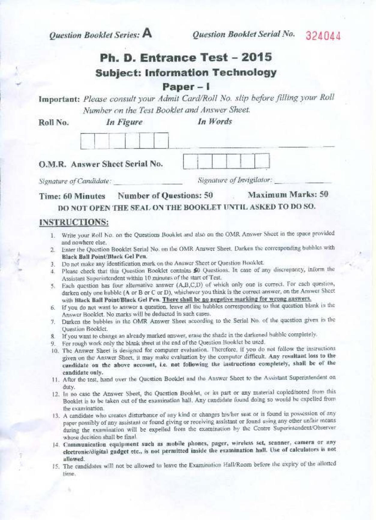 PU MPET Information Technology 2015 Question Paper - Page 1