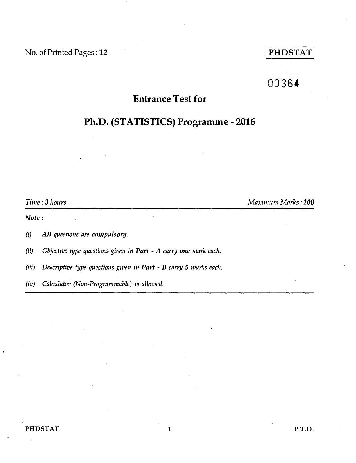 IGNOU PhD Entrance Test Ph.D Statistics 2016 Question Paper - Page 1