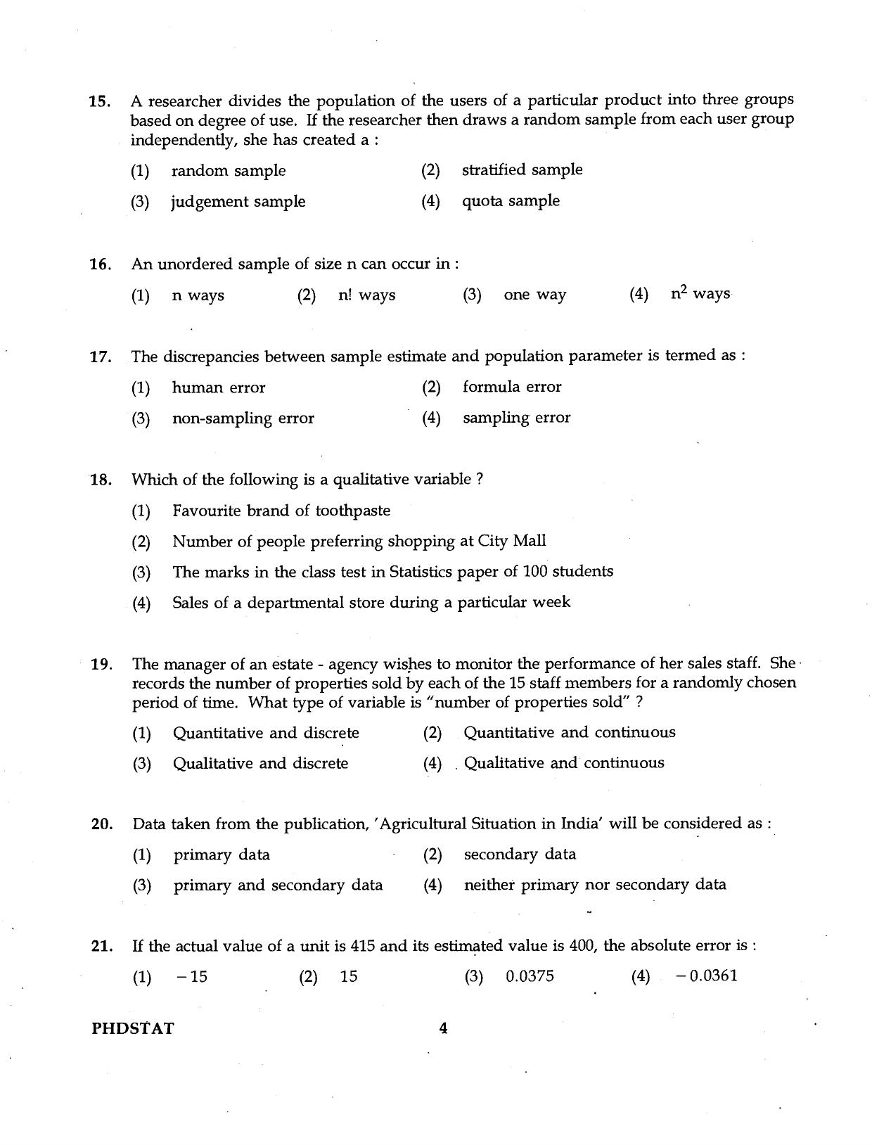 IGNOU PhD Entrance Test Ph.D Statistics 2016 Question Paper - Page 4