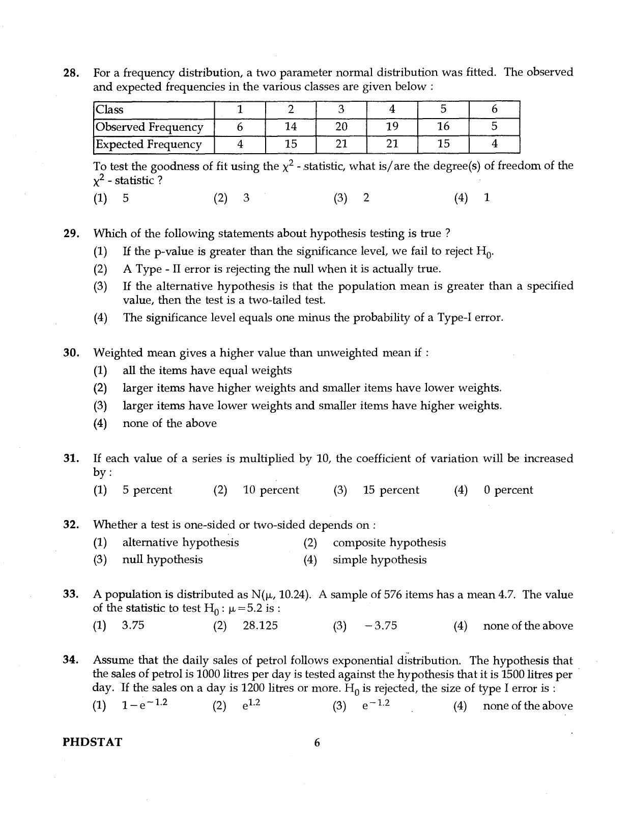IGNOU PhD Entrance Test Ph.D Statistics 2016 Question Paper - Page 6