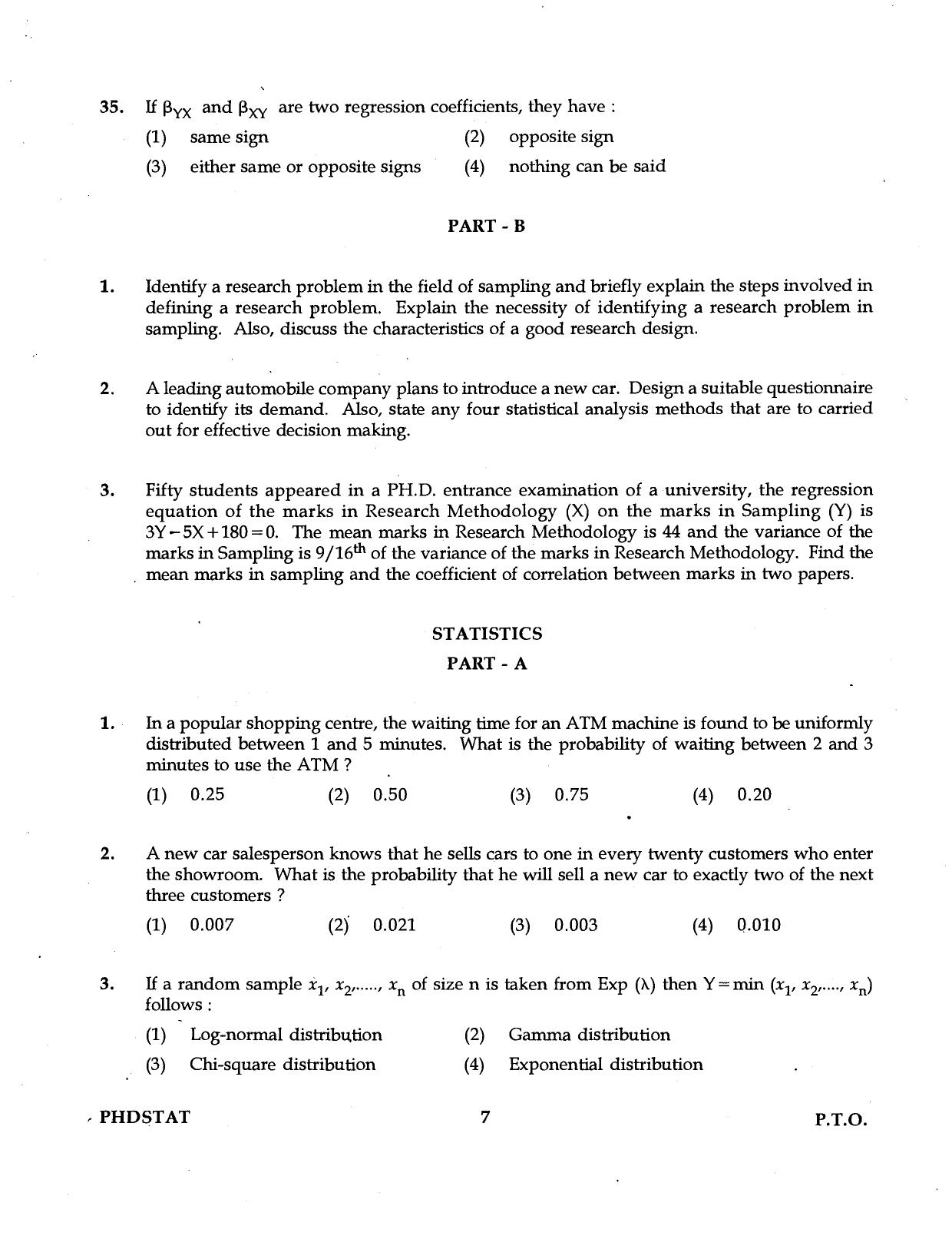 IGNOU PhD Entrance Test Ph.D Statistics 2016 Question Paper - Page 7