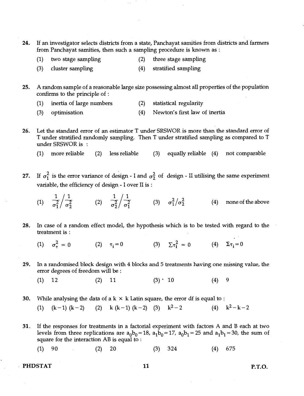 IGNOU PhD Entrance Test Ph.D Statistics 2016 Question Paper - Page 11