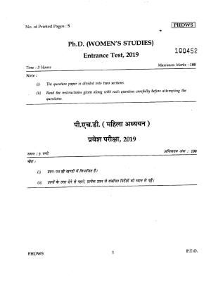IGNOU PhD Entrance Test Ph.D./M.Phil (Women's Studies) 2019 Question Paper