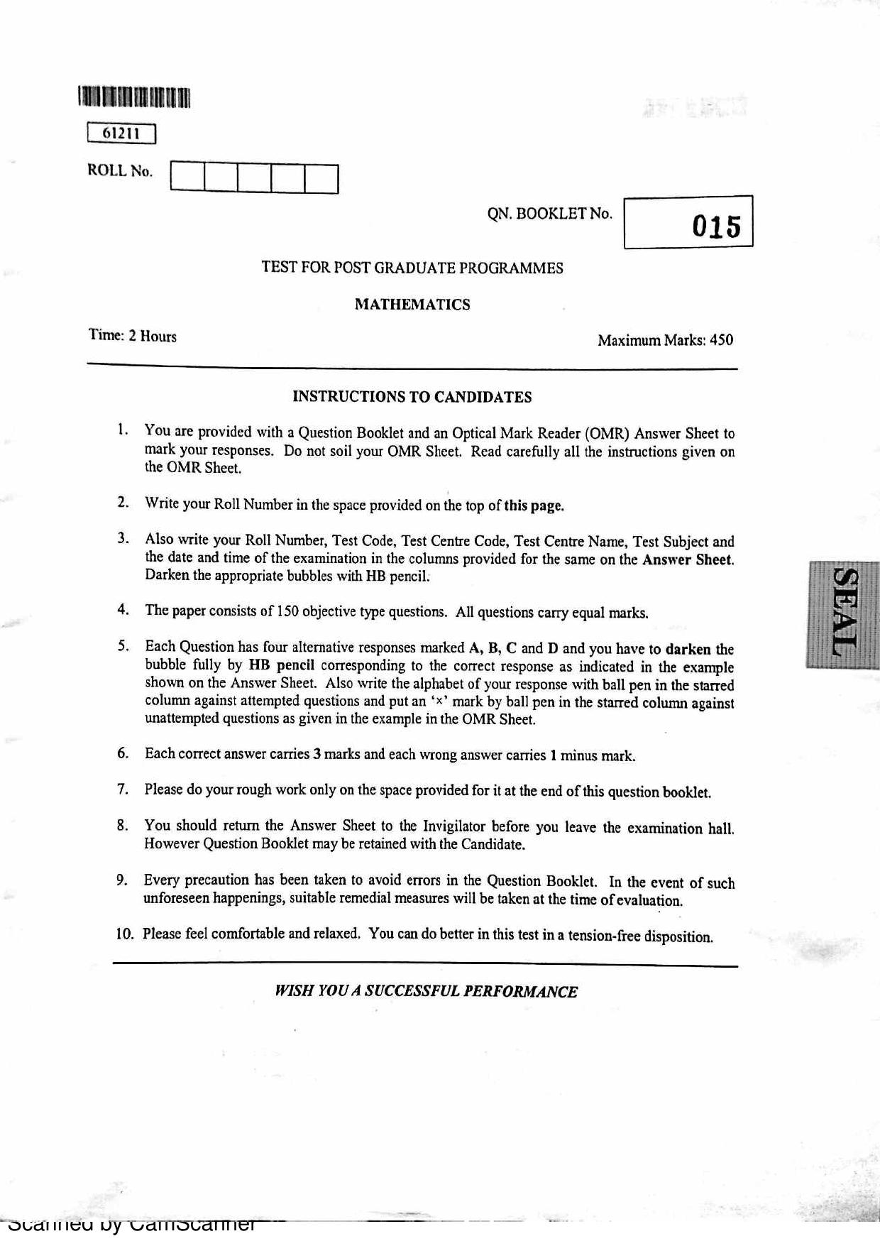 CUSAT CAT 2011 PG Mathematics Question Paper - Page 1