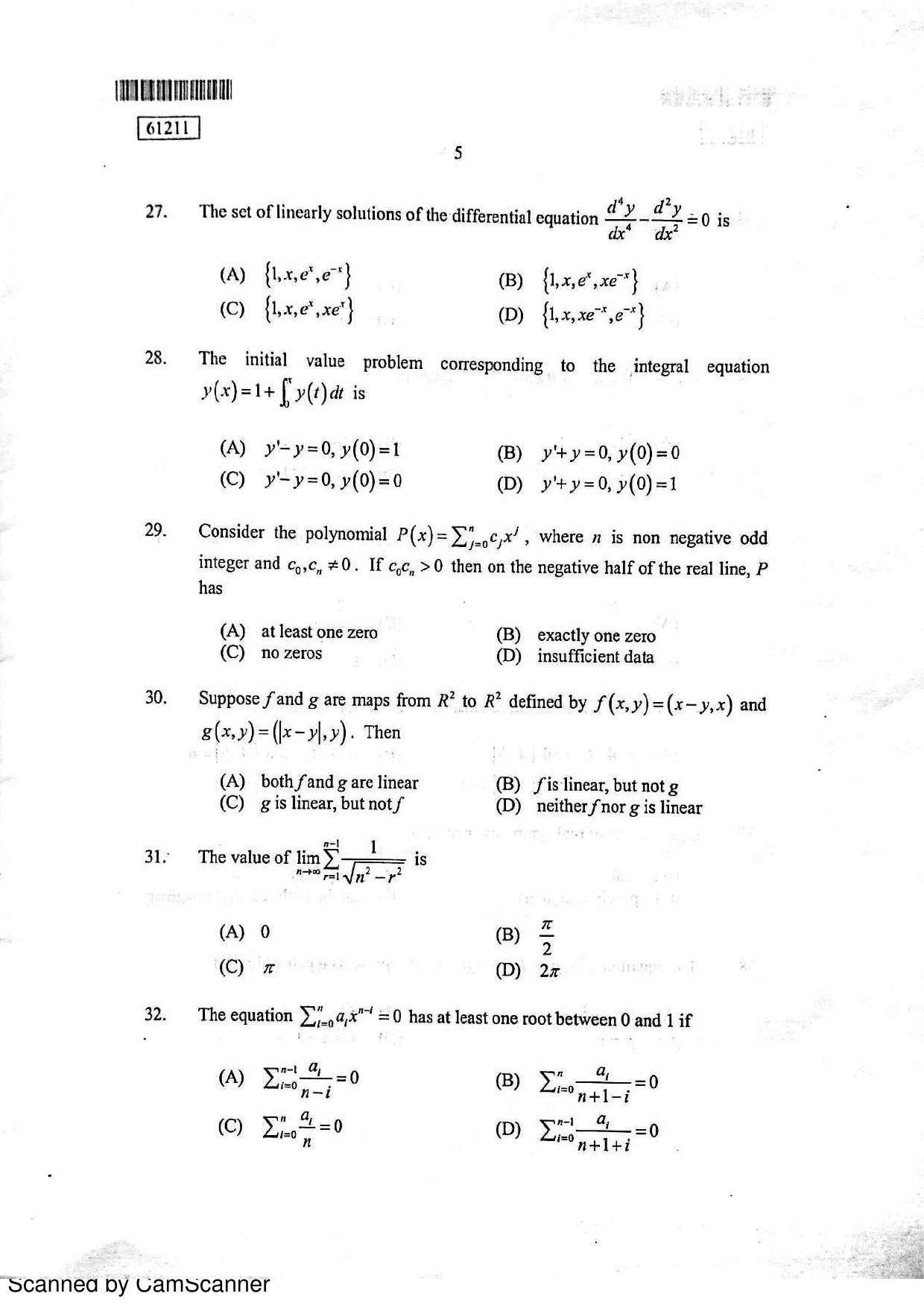 CUSAT CAT 2011 PG Mathematics Question Paper - Page 6