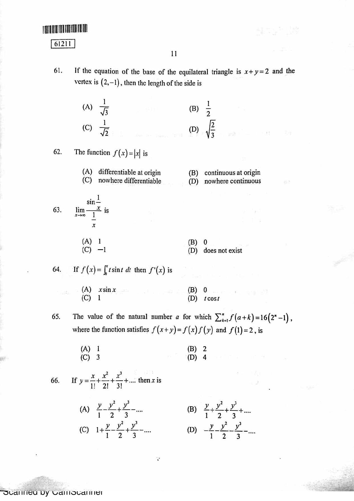 CUSAT CAT 2011 PG Mathematics Question Paper - Page 12