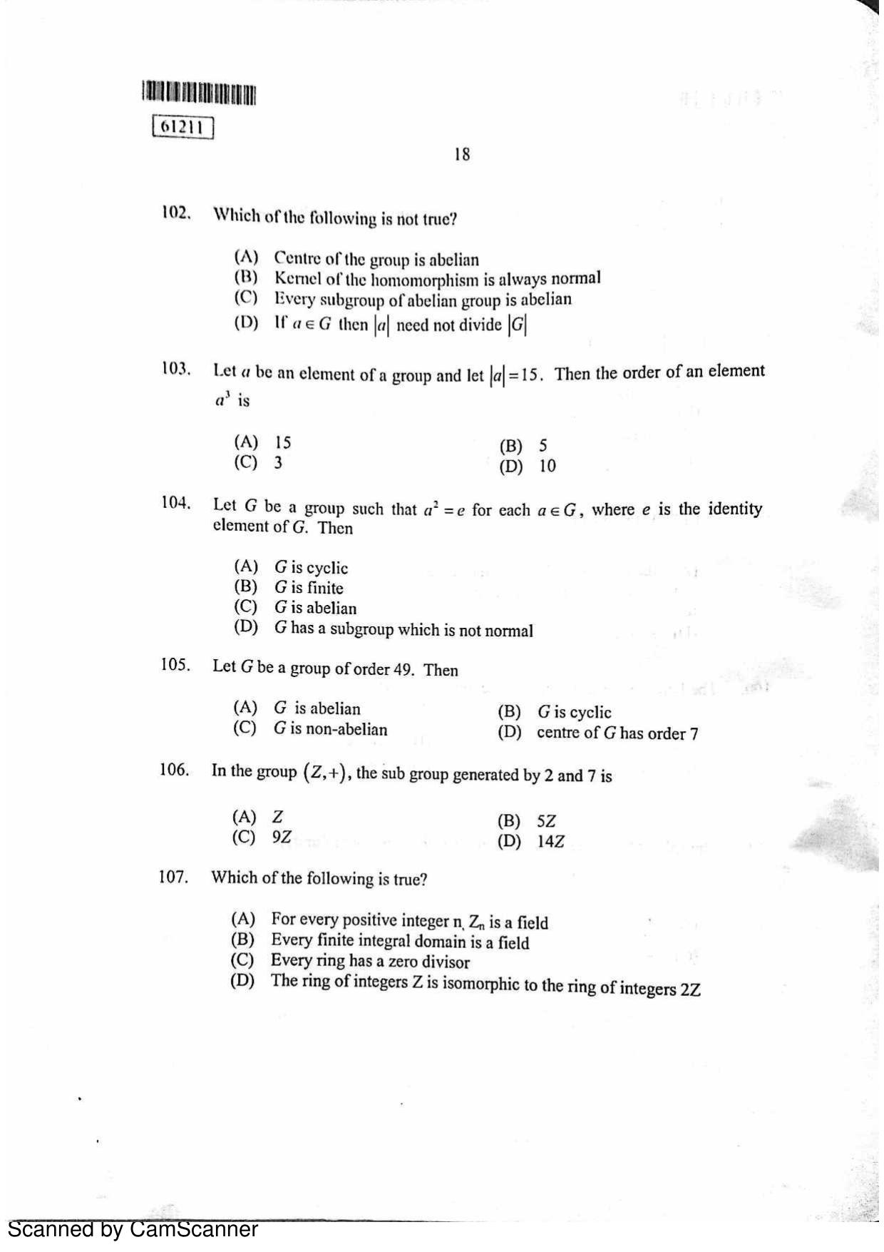 CUSAT CAT 2011 PG Mathematics Question Paper - Page 19