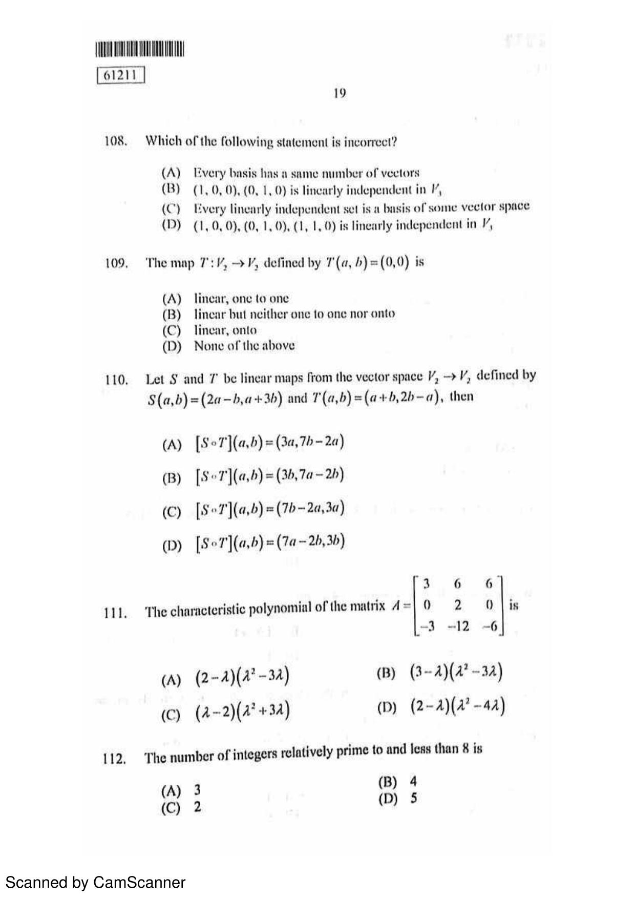 CUSAT CAT 2011 PG Mathematics Question Paper - Page 20