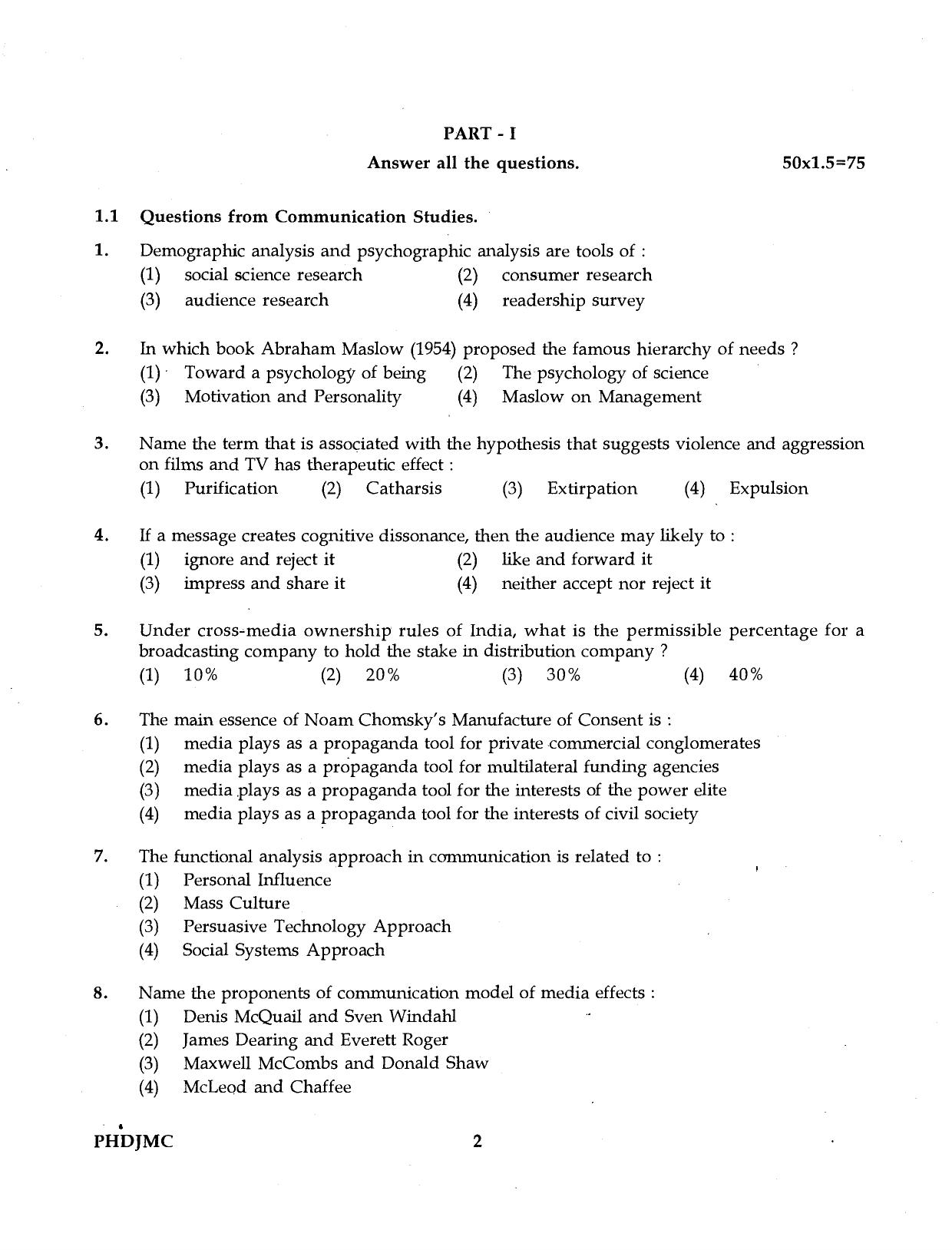 IGNOU PhD Entrance Test Ph.D Journalism And Mass Communication 2016 Question Paper - Page 2