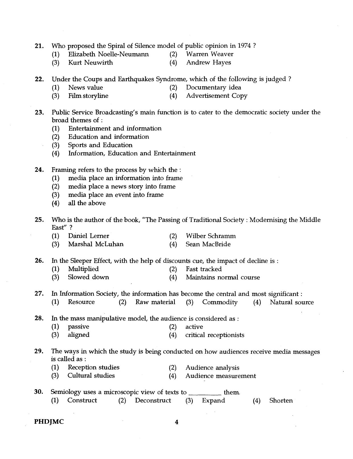 IGNOU PhD Entrance Test Ph.D Journalism And Mass Communication 2016 Question Paper - Page 4