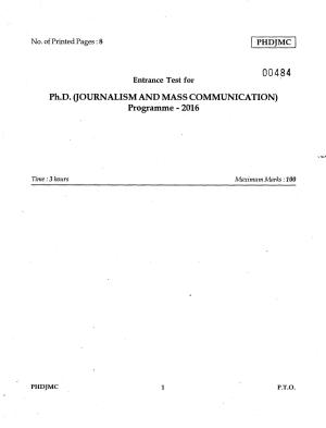 IGNOU PhD Entrance Test Ph.D Journalism And Mass Communication 2016 Question Paper