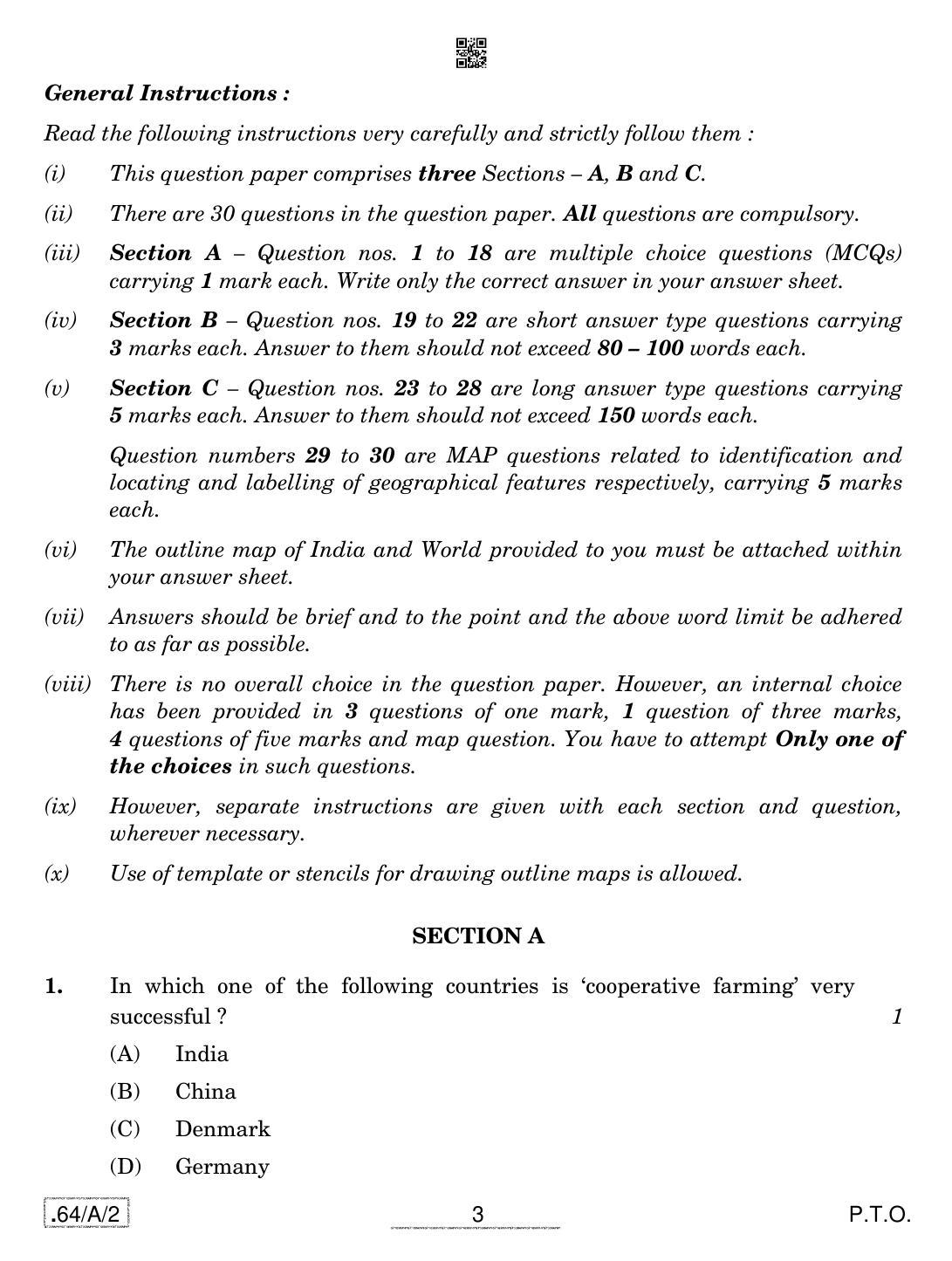 CBSE Class 12 64-C-2 - Geography 2020 Compartment Question Paper - Page 3