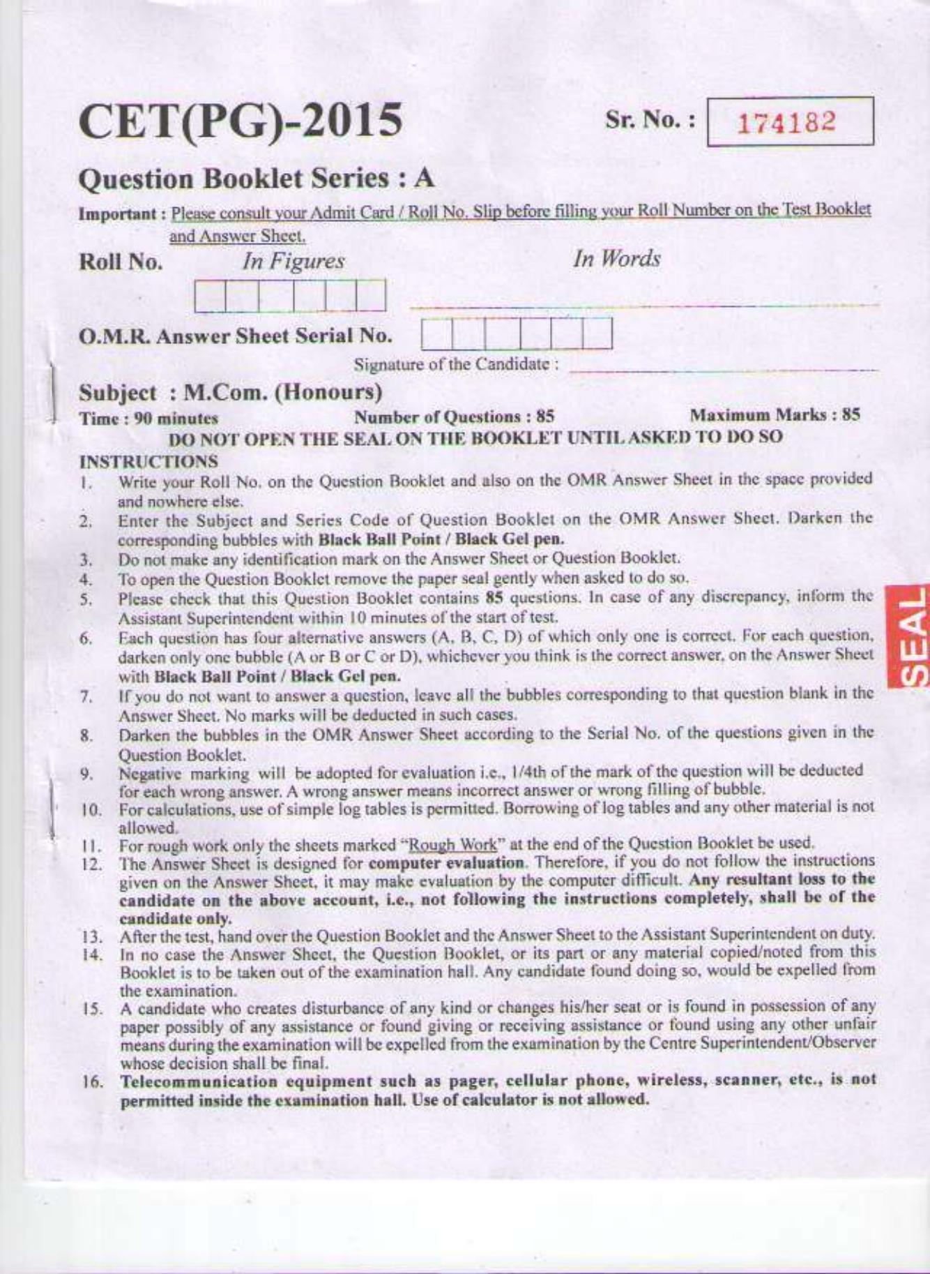 PU CET PG 2015: M Com (Honours) Question Paper - Page 1