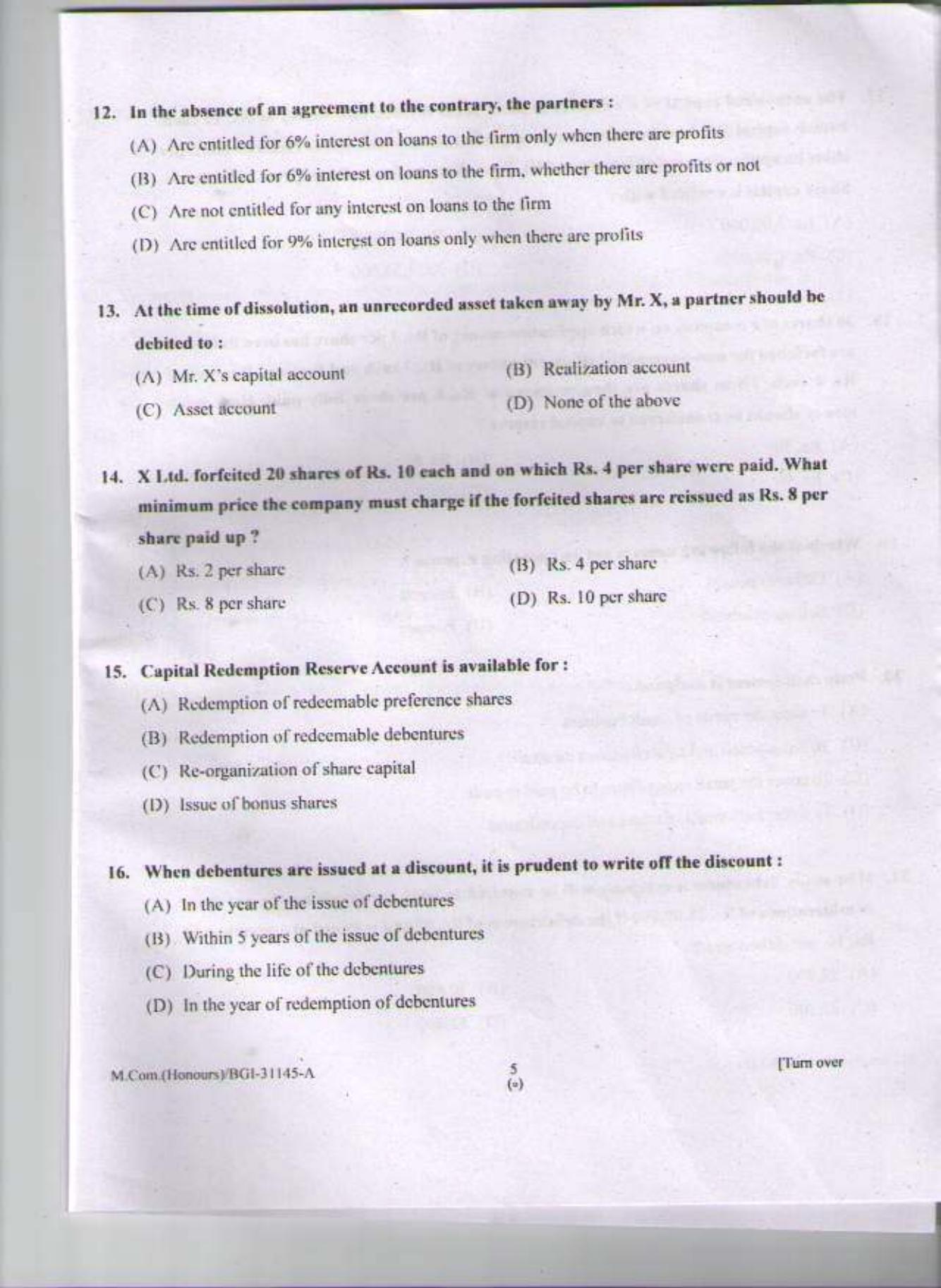 PU CET PG 2015: M Com (Honours) Question Paper - Page 4