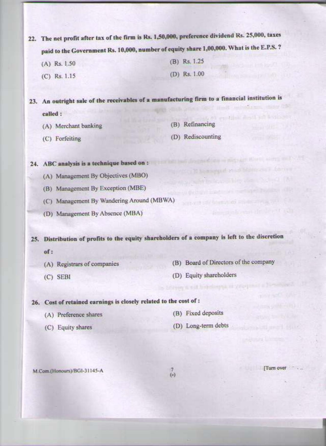 PU CET PG 2015: M Com (Honours) Question Paper - Page 6