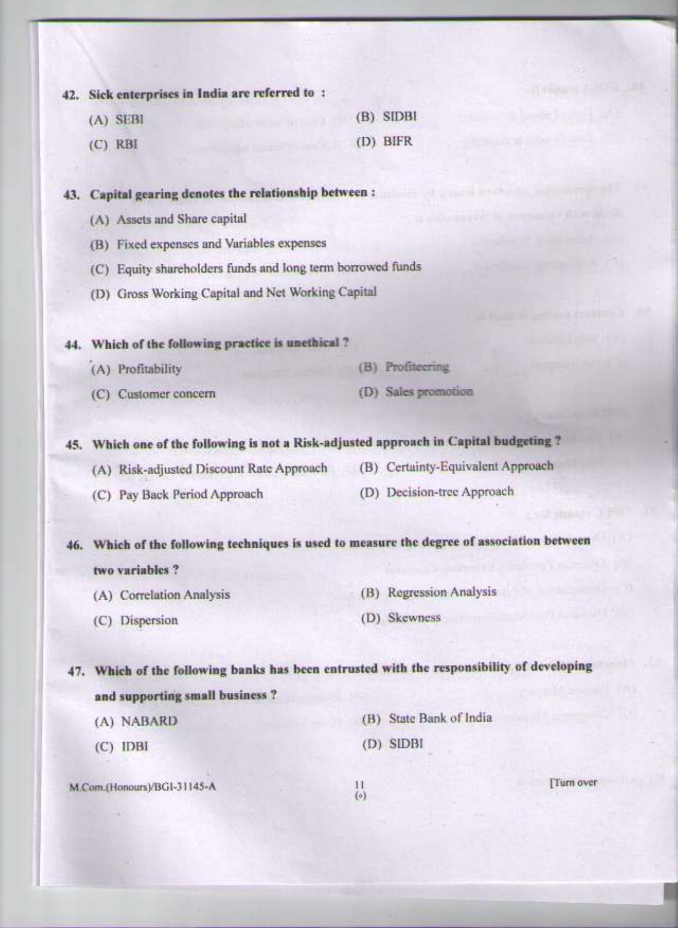 PU CET PG 2015: M Com (Honours) Question Paper - Page 10