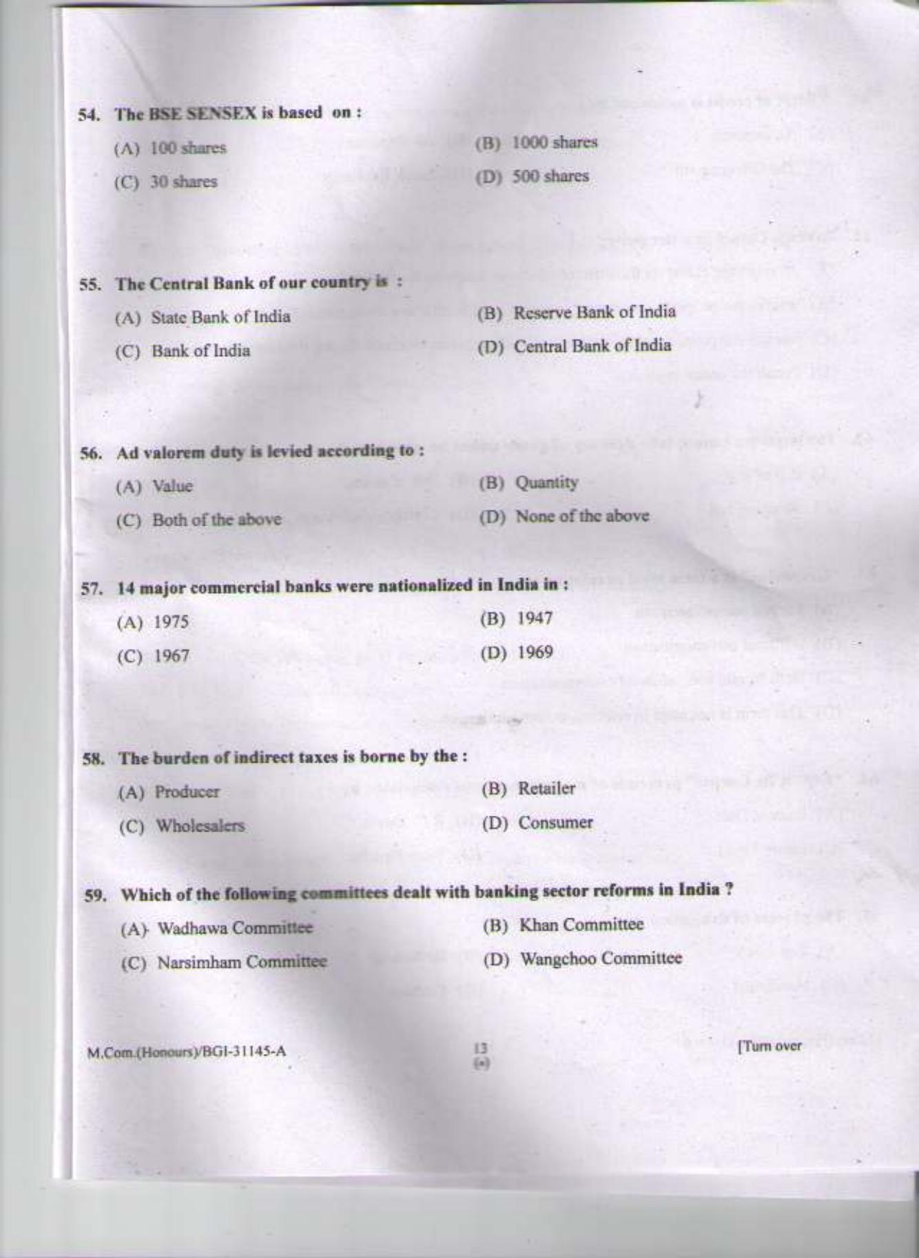 PU CET PG 2015: M Com (Honours) Question Paper - Page 12