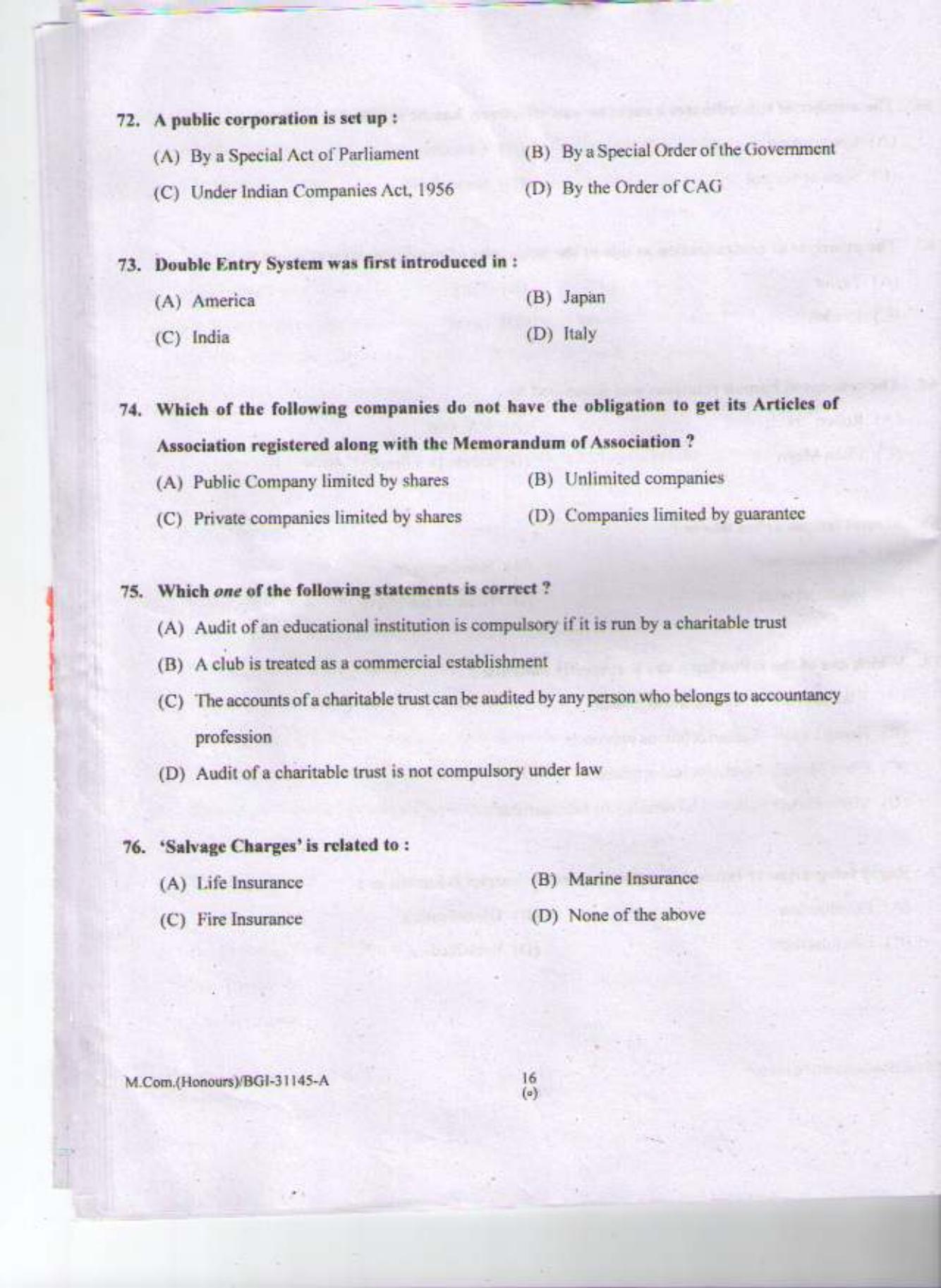 PU CET PG 2015: M Com (Honours) Question Paper - Page 15