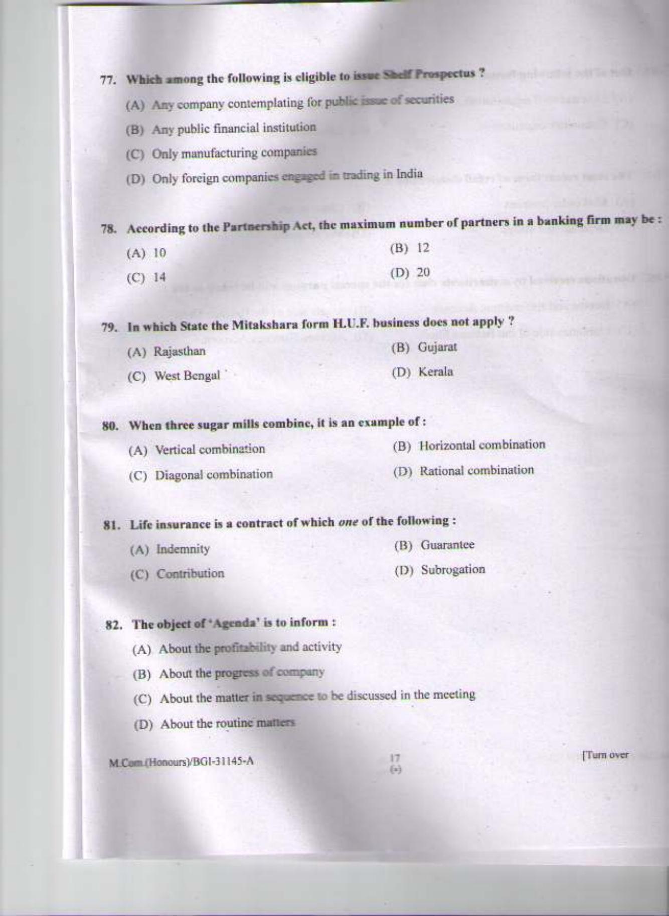 PU CET PG 2015: M Com (Honours) Question Paper - Page 16
