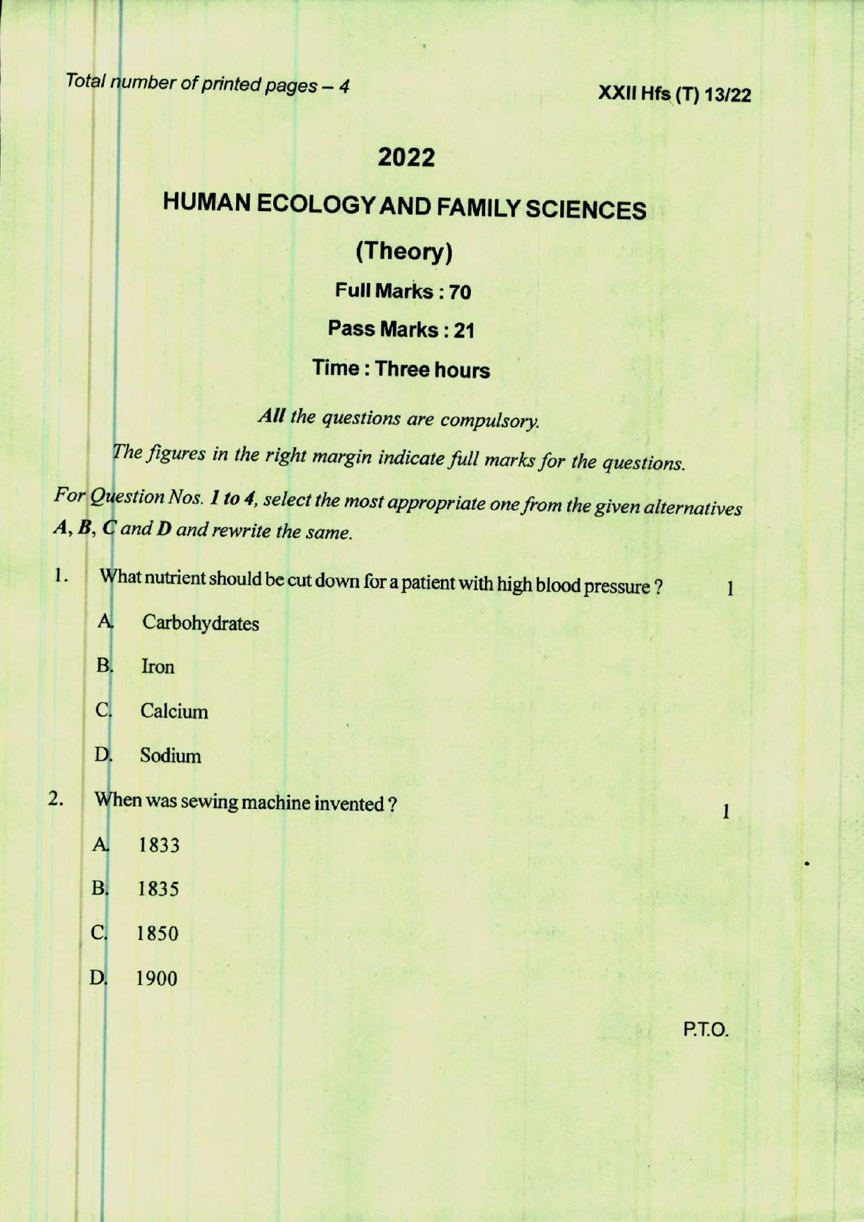 COHSEM 12th Question Papers 2022 Human Ecology and Family Sciences - Page 1