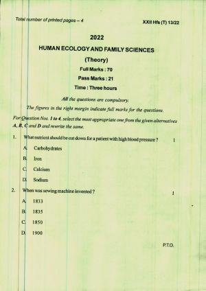 COHSEM 12th Question Papers 2022 Human Ecology and Family Sciences