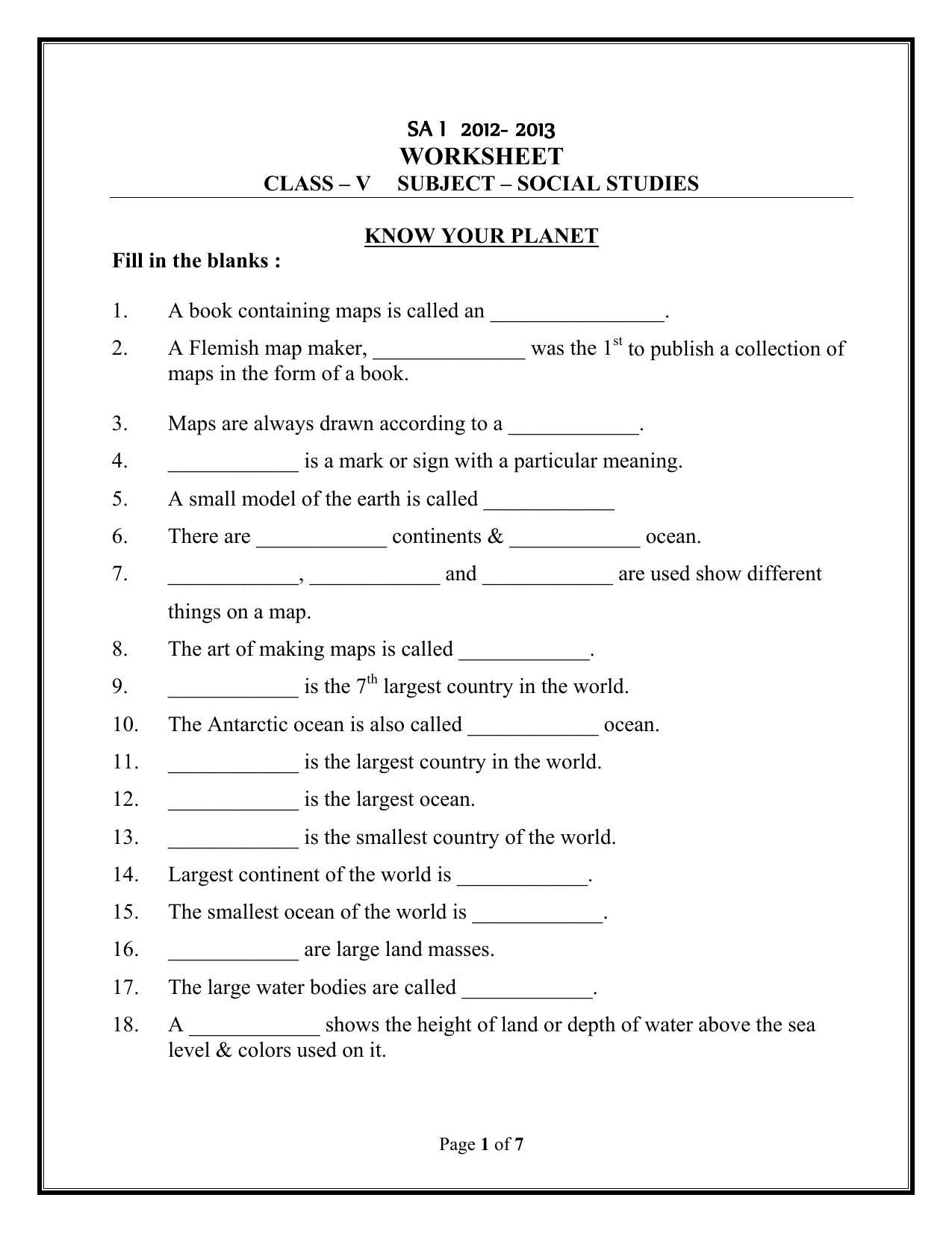 Worksheet for Class 5 Social Science Assignment 14 - Page 1