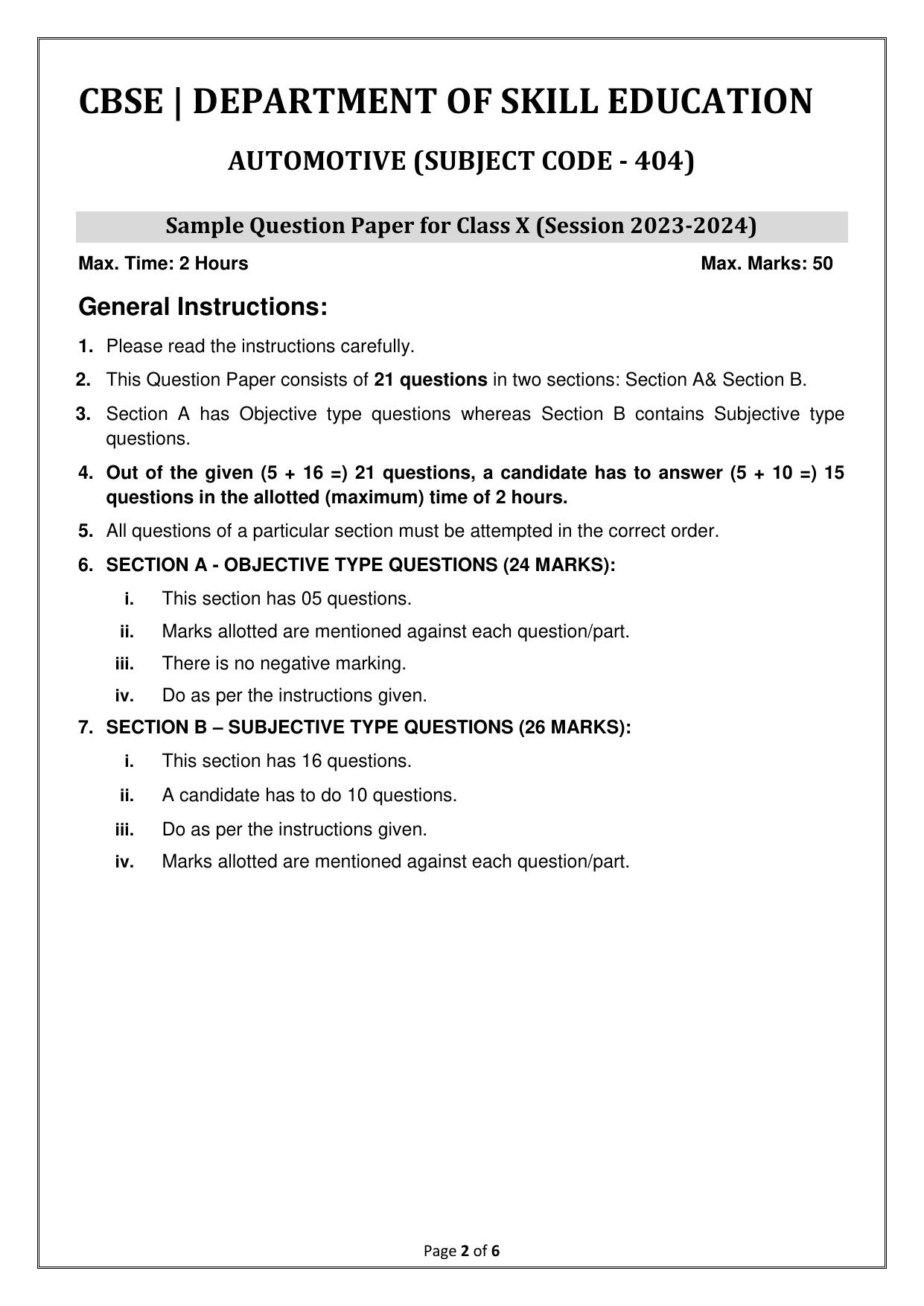 CBSE Class 10 (Skill Education) Automotive 2024 Sample Paper - Page 2