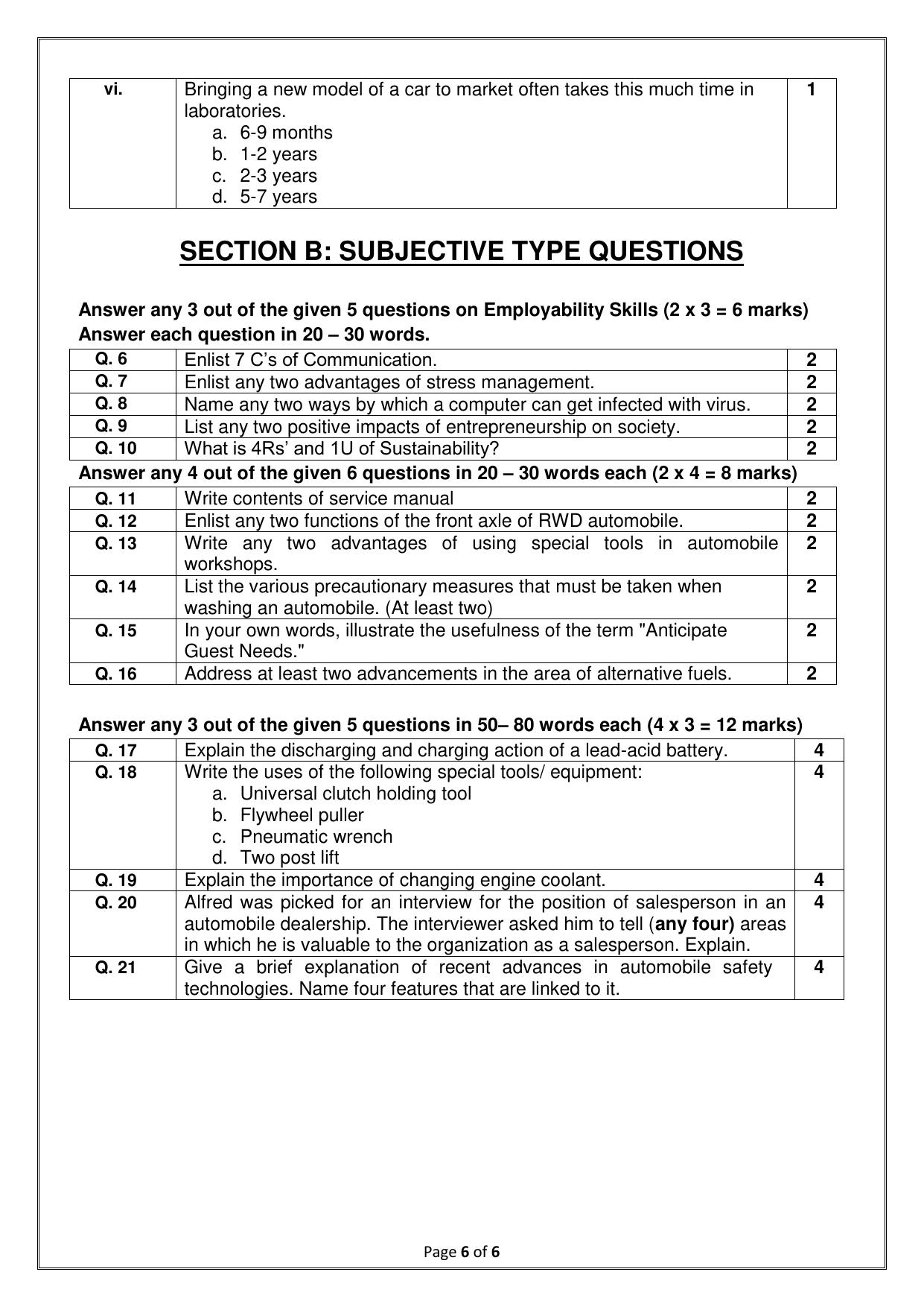CBSE Class 10 (Skill Education) Automotive 2024 Sample Paper - Page 6