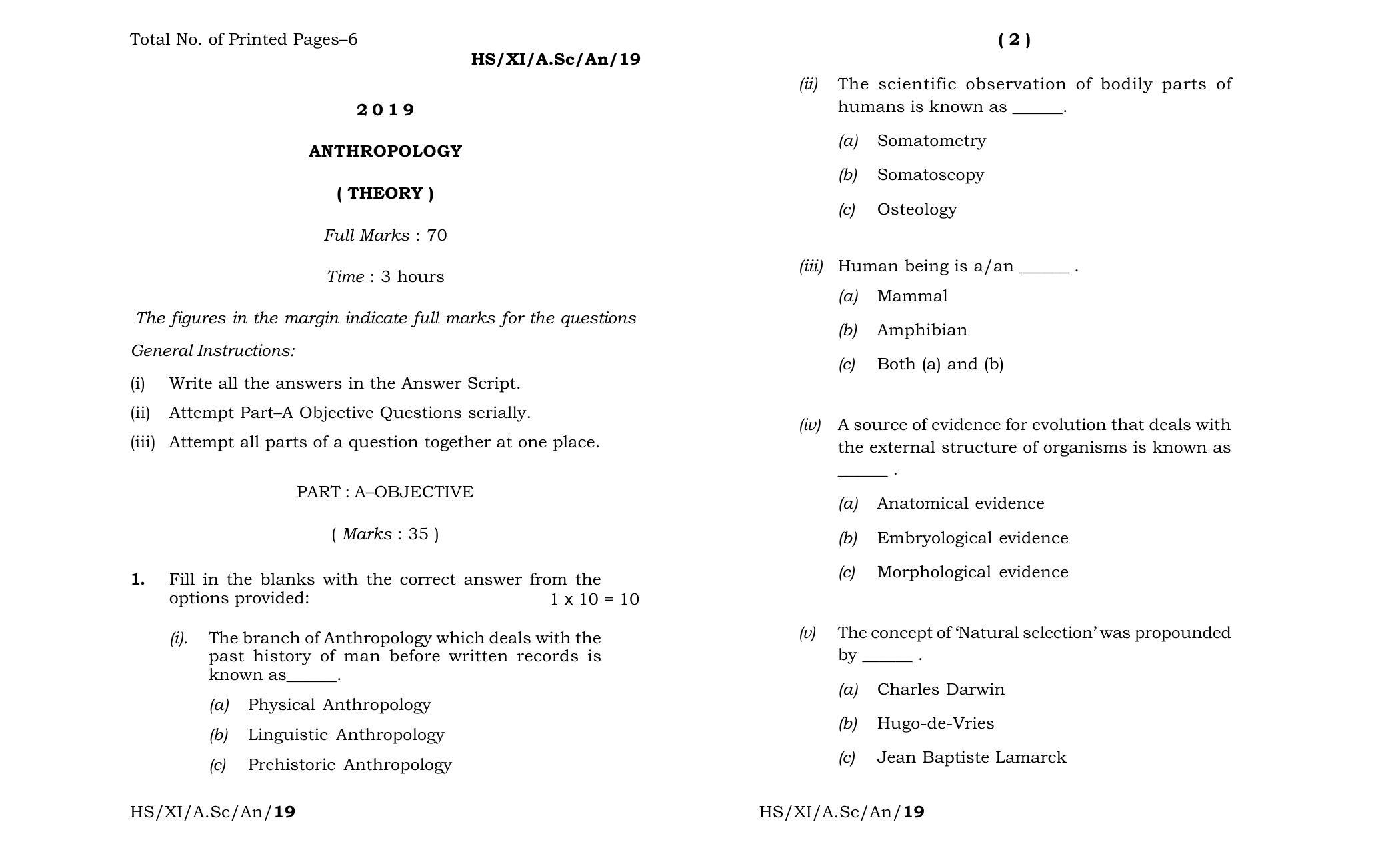 Meghalaya Board (MBOSE) Class 11 Anthropology 2019 Question Paper - Page 1