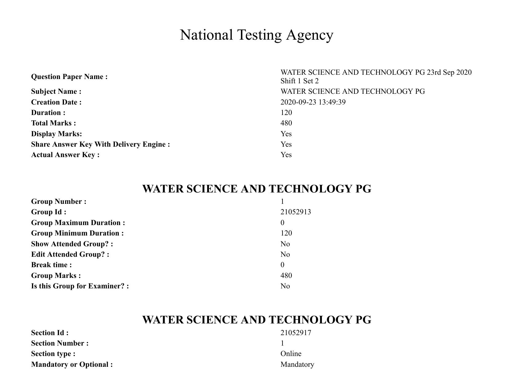 ICAR AIEEA PG 2020 WATER SCIENCE AND TECHNOLOGY Question Paper - Page 1