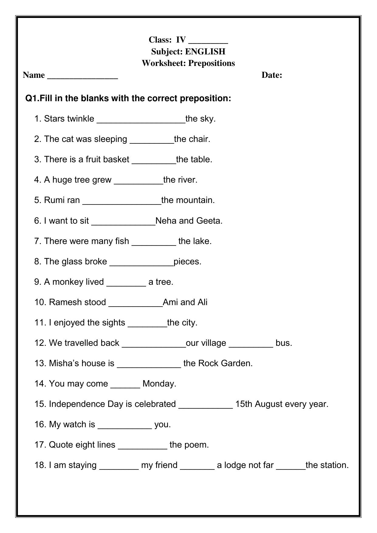 Worksheet for Class 4 English Assignment 45 Prepositions - Page 1