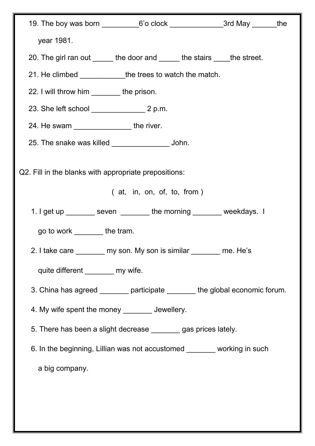 Worksheet for Class 4 English Assignment 45 Prepositions - Page 2